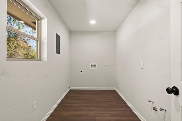 laundry room featuring gas dryer hookup, electric panel, washer hookup, dark hardwood / wood-style floors, and hookup for an electric dryer