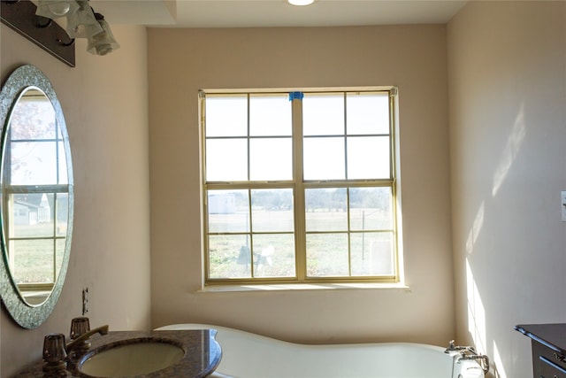 bathroom with a tub, a wealth of natural light, and vanity