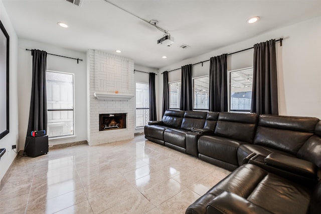 living room with a fireplace