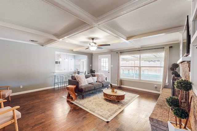 living room with beamed ceiling, dark wood-type flooring, and coffered ceiling