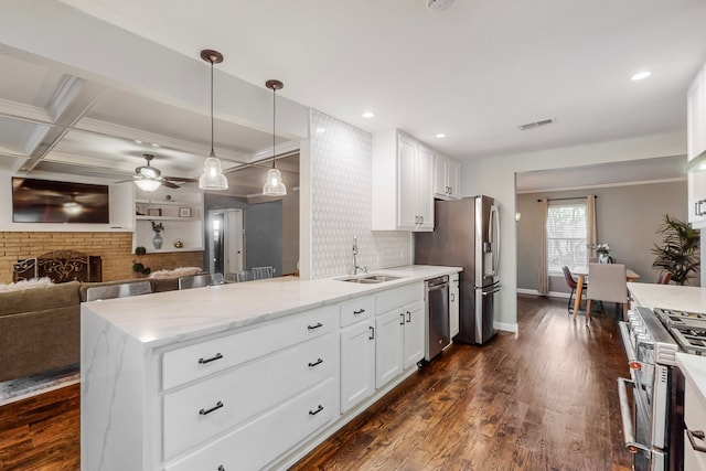 kitchen featuring dark hardwood / wood-style flooring, white cabinetry, hanging light fixtures, and stainless steel appliances