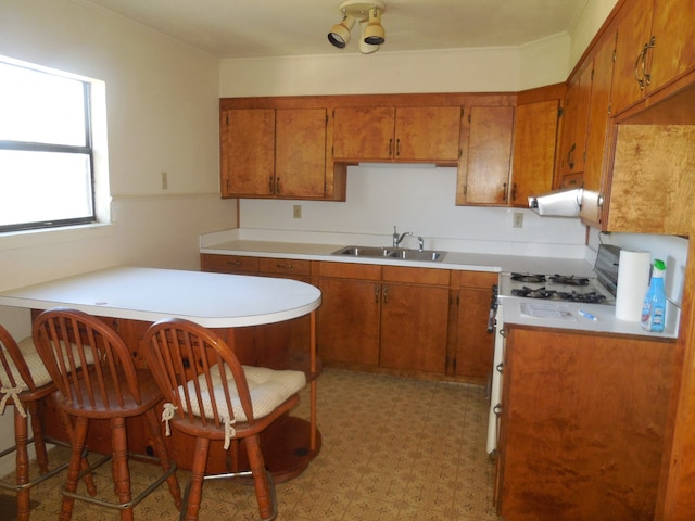 kitchen with white gas range oven, range hood, and sink