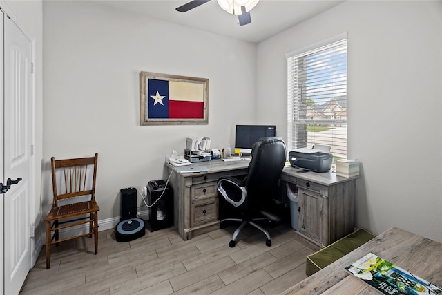 office area featuring ceiling fan and light wood-type flooring