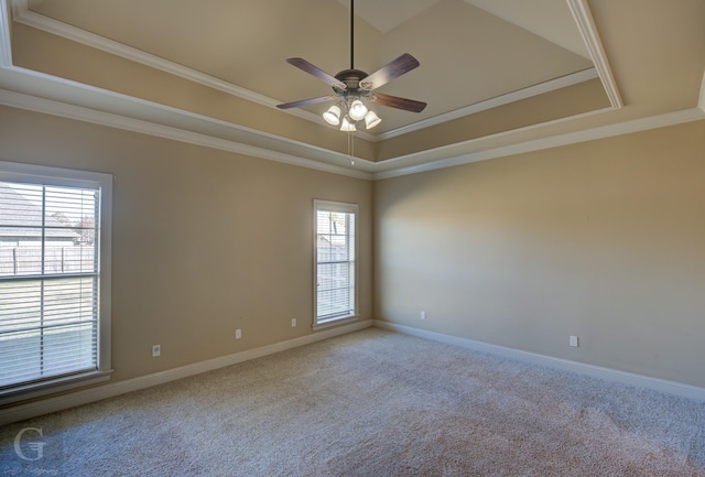 empty room featuring a tray ceiling, crown molding, and a healthy amount of sunlight