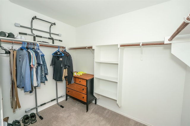 walk in closet featuring light colored carpet