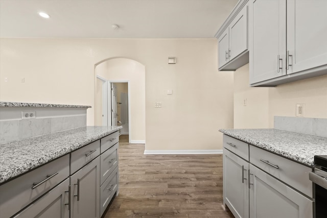 kitchen featuring gray cabinetry, light stone counters, dark wood-type flooring, and stainless steel stove