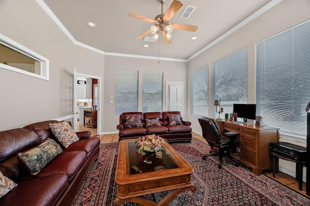 living room featuring tile patterned flooring, ceiling fan, and ornamental molding