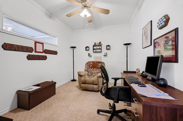 home office featuring ceiling fan and ornamental molding