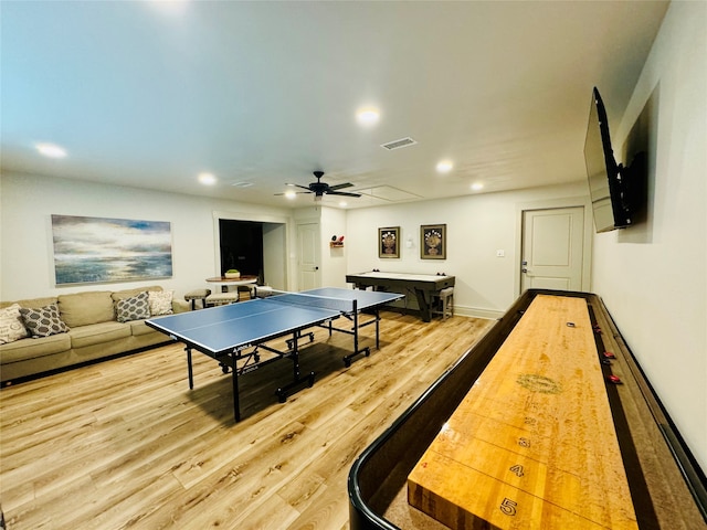 rec room featuring wood-type flooring, ceiling fan, and pool table