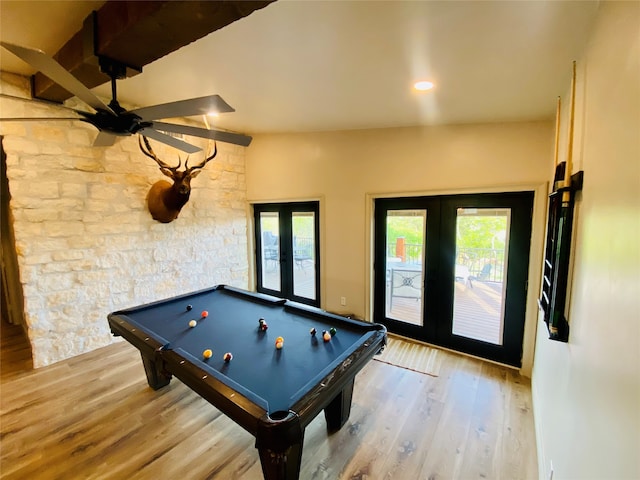 playroom with french doors, pool table, a healthy amount of sunlight, and wood-type flooring