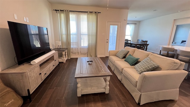 living room with dark hardwood / wood-style floors