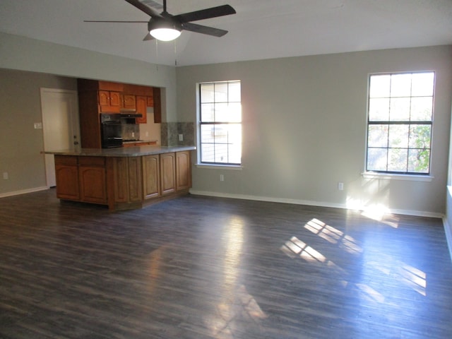 kitchen with plenty of natural light, ceiling fan, dark hardwood / wood-style flooring, and decorative backsplash