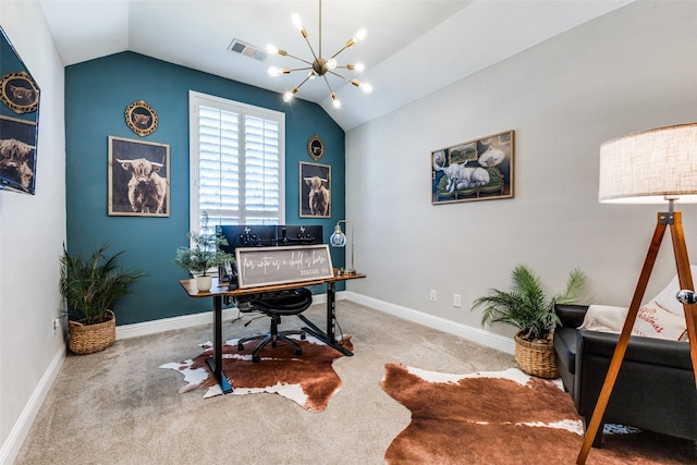 office space with carpet flooring, vaulted ceiling, and an inviting chandelier