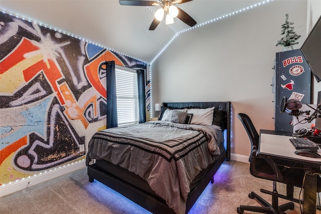 bedroom featuring ceiling fan, carpet floors, and lofted ceiling