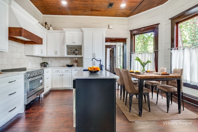 kitchen with a center island, stainless steel electric range oven, white cabinetry, dark hardwood / wood-style flooring, and wood ceiling