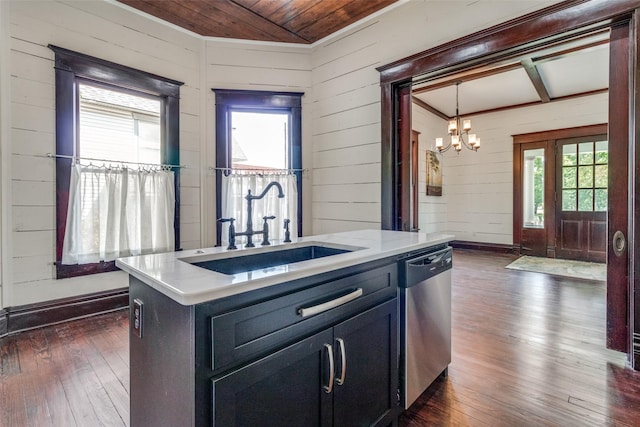 kitchen featuring dishwasher, dark hardwood / wood-style flooring, plenty of natural light, and a kitchen island with sink