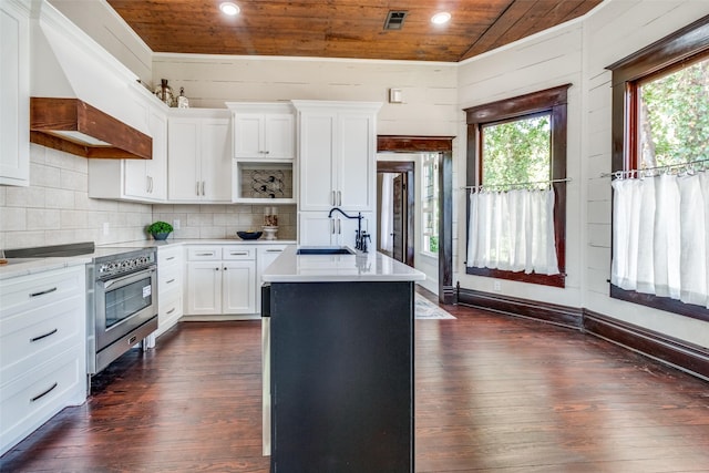 kitchen featuring dark hardwood / wood-style floors, sink, white cabinetry, and stainless steel range with electric cooktop