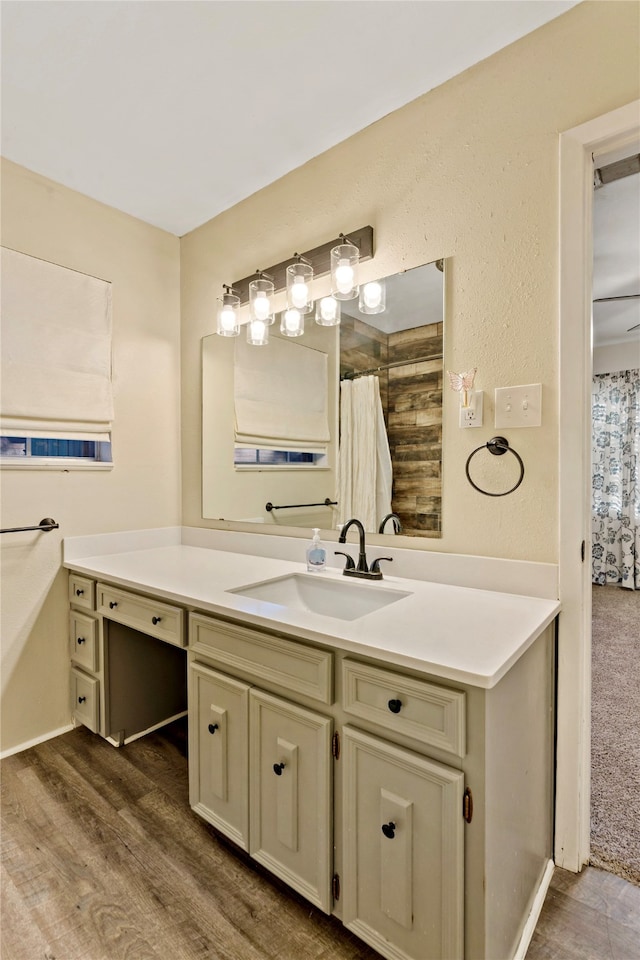 bathroom with vanity and hardwood / wood-style flooring