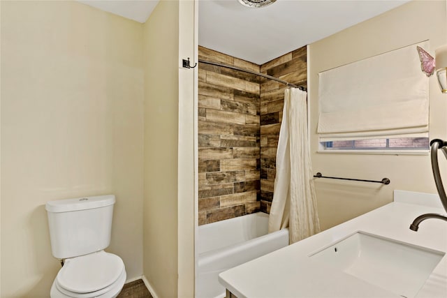 full bathroom featuring vanity, shower / bathtub combination with curtain, and toilet