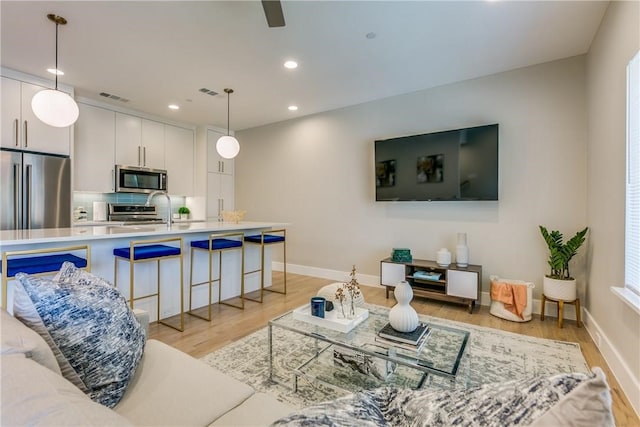 living room featuring light hardwood / wood-style floors and sink