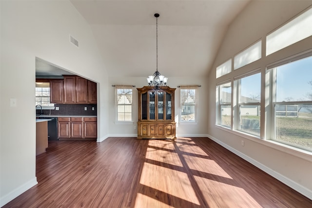 unfurnished dining area with a notable chandelier, sink, dark wood-type flooring, and high vaulted ceiling