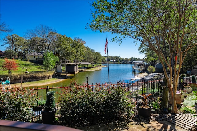 view of water feature with a dock