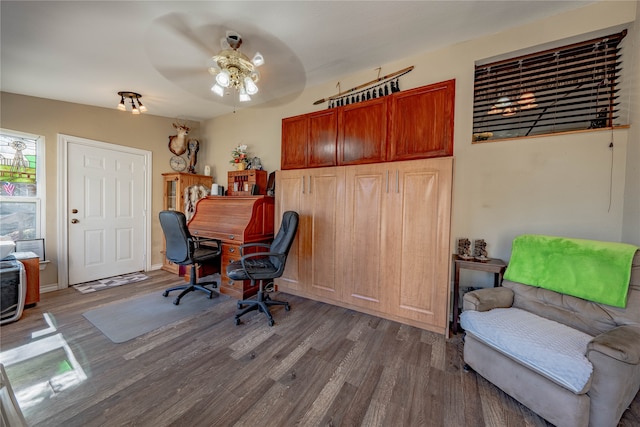 office area with hardwood / wood-style flooring and ceiling fan