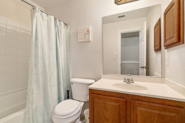 full bathroom featuring vanity, toilet, and shower / bathtub combination with curtain