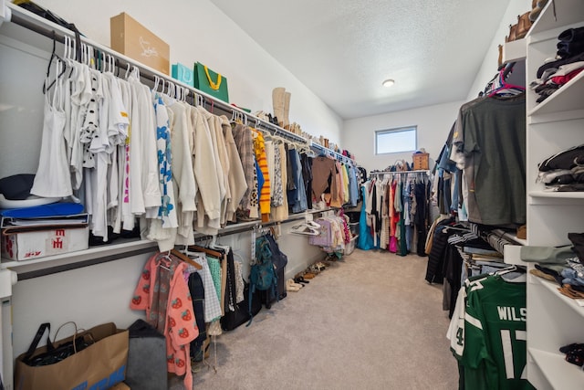 walk in closet with light colored carpet