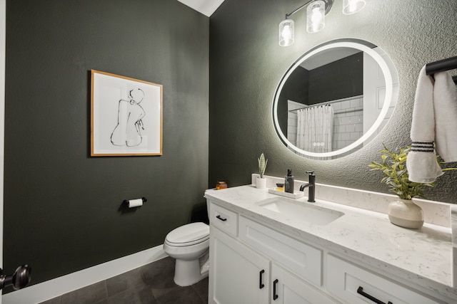 bathroom featuring a shower with curtain, tile patterned flooring, vanity, and toilet