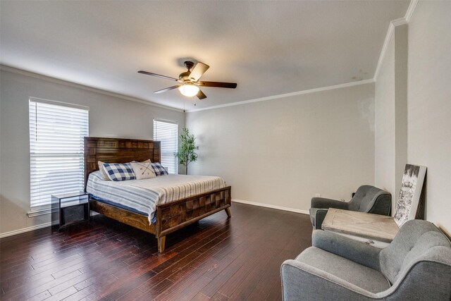 bedroom with ceiling fan, dark hardwood / wood-style floors, and ornamental molding