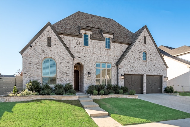 view of front of property featuring a garage and a front lawn