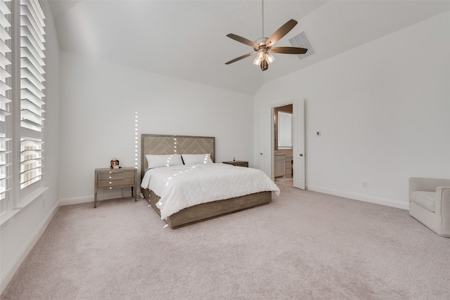 bedroom featuring ceiling fan, carpet, and lofted ceiling