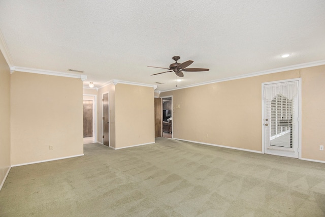 unfurnished room with light colored carpet, ceiling fan, and ornamental molding