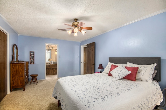 bedroom with ceiling fan, crown molding, ensuite bathroom, a textured ceiling, and light carpet