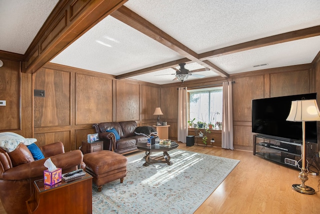 living room with beamed ceiling, a textured ceiling, and light hardwood / wood-style flooring