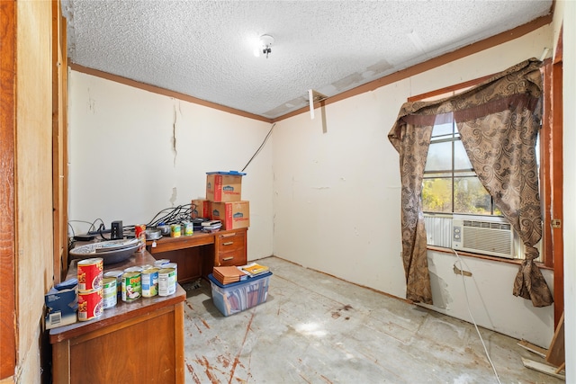 basement with a textured ceiling and cooling unit