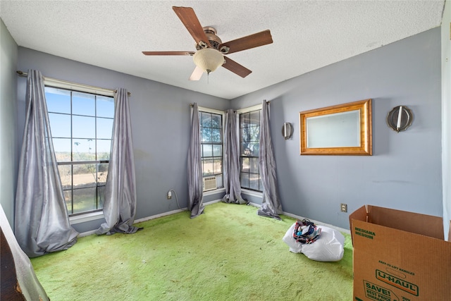 interior space with multiple windows, ceiling fan, and a textured ceiling