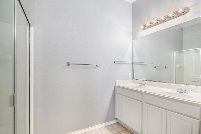 bathroom with tile patterned flooring, vanity, and a shower with door