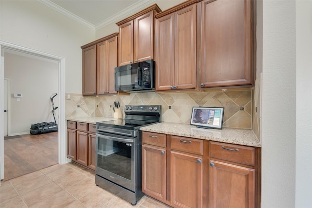 kitchen featuring light stone countertops, light tile patterned floors, tasteful backsplash, crown molding, and stainless steel range with electric cooktop