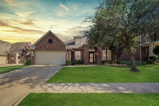 view of front of property featuring a yard and a garage