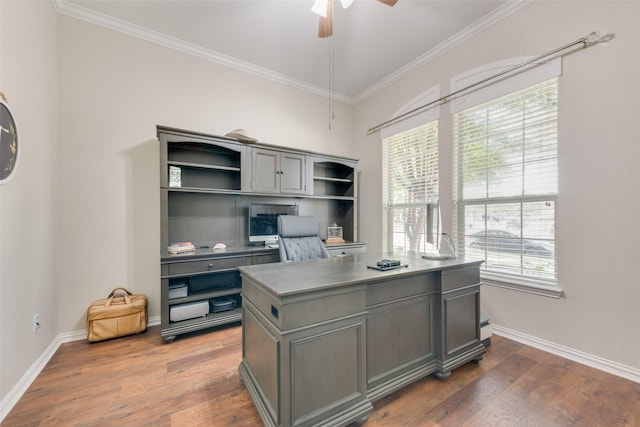 office area featuring dark hardwood / wood-style flooring, a wealth of natural light, ornamental molding, and ceiling fan