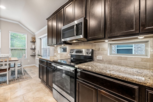 kitchen with backsplash, dark brown cabinets, lofted ceiling, and appliances with stainless steel finishes