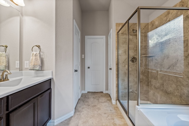 bathroom with vanity, tile patterned flooring, and plus walk in shower