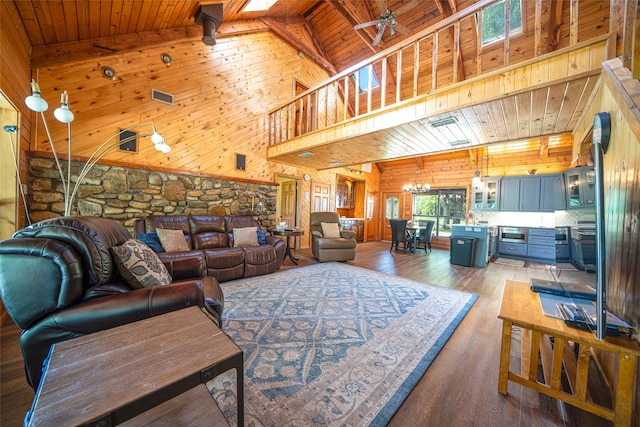 living room featuring wooden walls, hardwood / wood-style flooring, high vaulted ceiling, and wooden ceiling