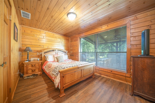 bedroom with wood walls, wood ceiling, and dark wood-type flooring