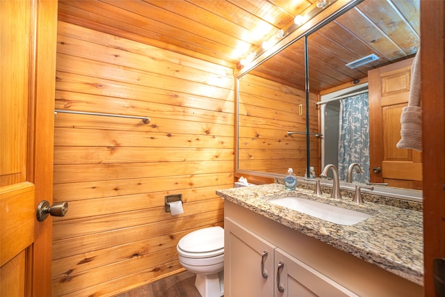 bathroom featuring wood walls, toilet, vanity, wood ceiling, and hardwood / wood-style flooring