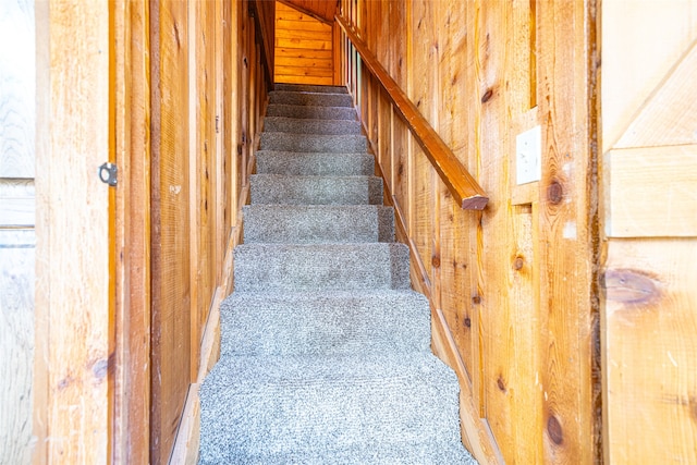 stairway with carpet and wood walls