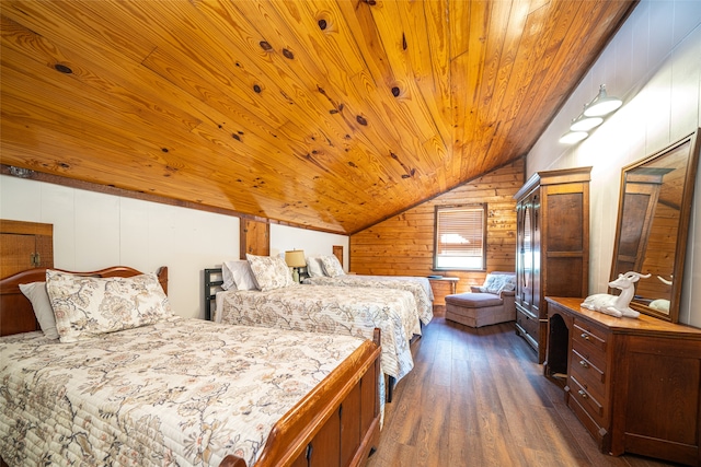 bedroom featuring wooden ceiling, wooden walls, dark wood-type flooring, and vaulted ceiling