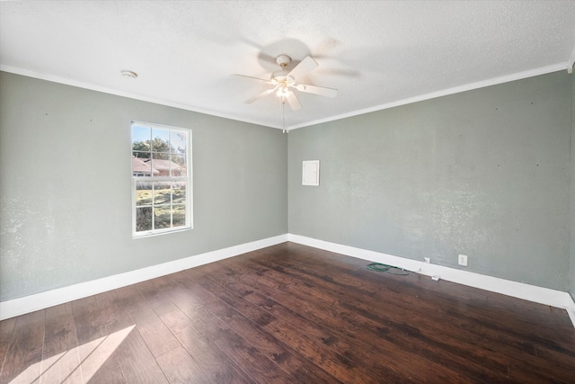 empty room featuring crown molding, hardwood / wood-style floors, ceiling fan, and a textured ceiling